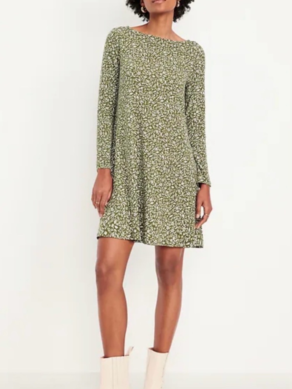 Old Navy Olive Green Floral Long-Sleeve Mini Dress